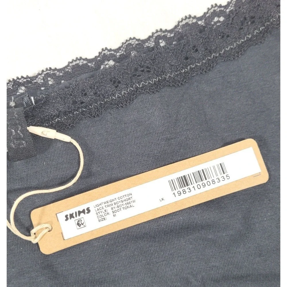 Skims Women's Lightweight Cotton Lace Trim Boyshort Panties - Black - Medium